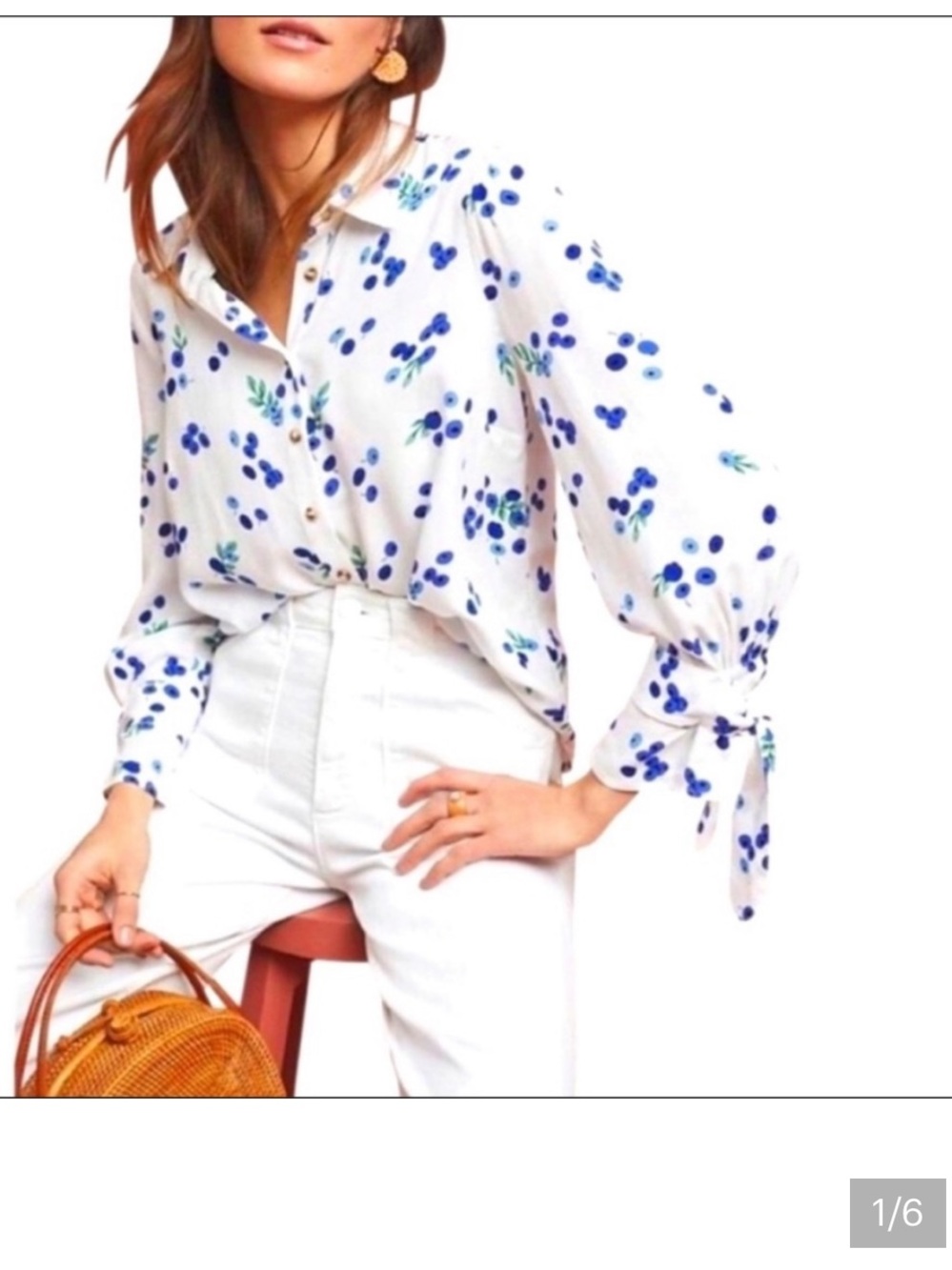 Maeve Anthropologie White Button-Down Shirt with Blueberry Print.